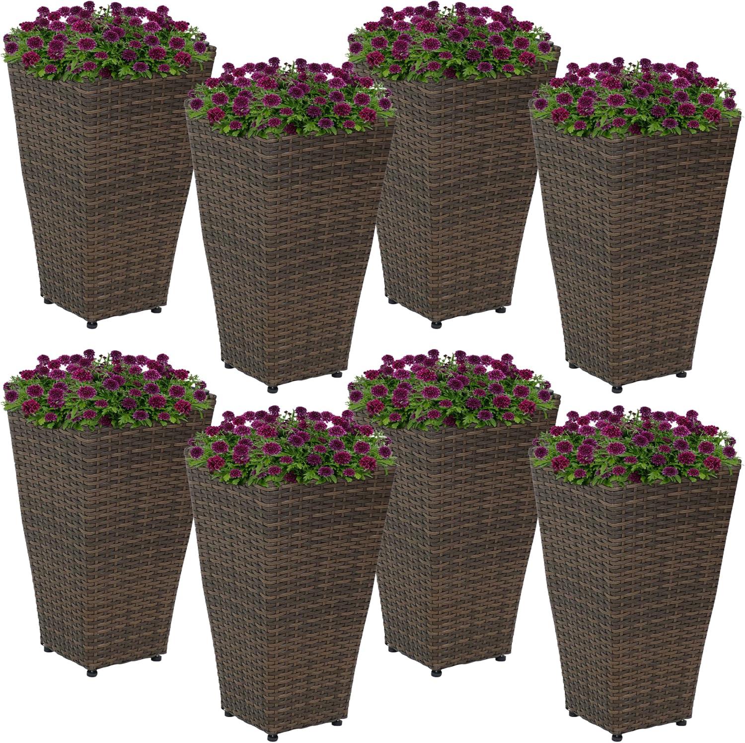image:imageSunnydaze Square Tall Wicker Outdoor Planter Set of 8 Polyrattan Large Outdoor Planters for Porch Patio or Garden 20 Tall Plant Pots BrownBrown