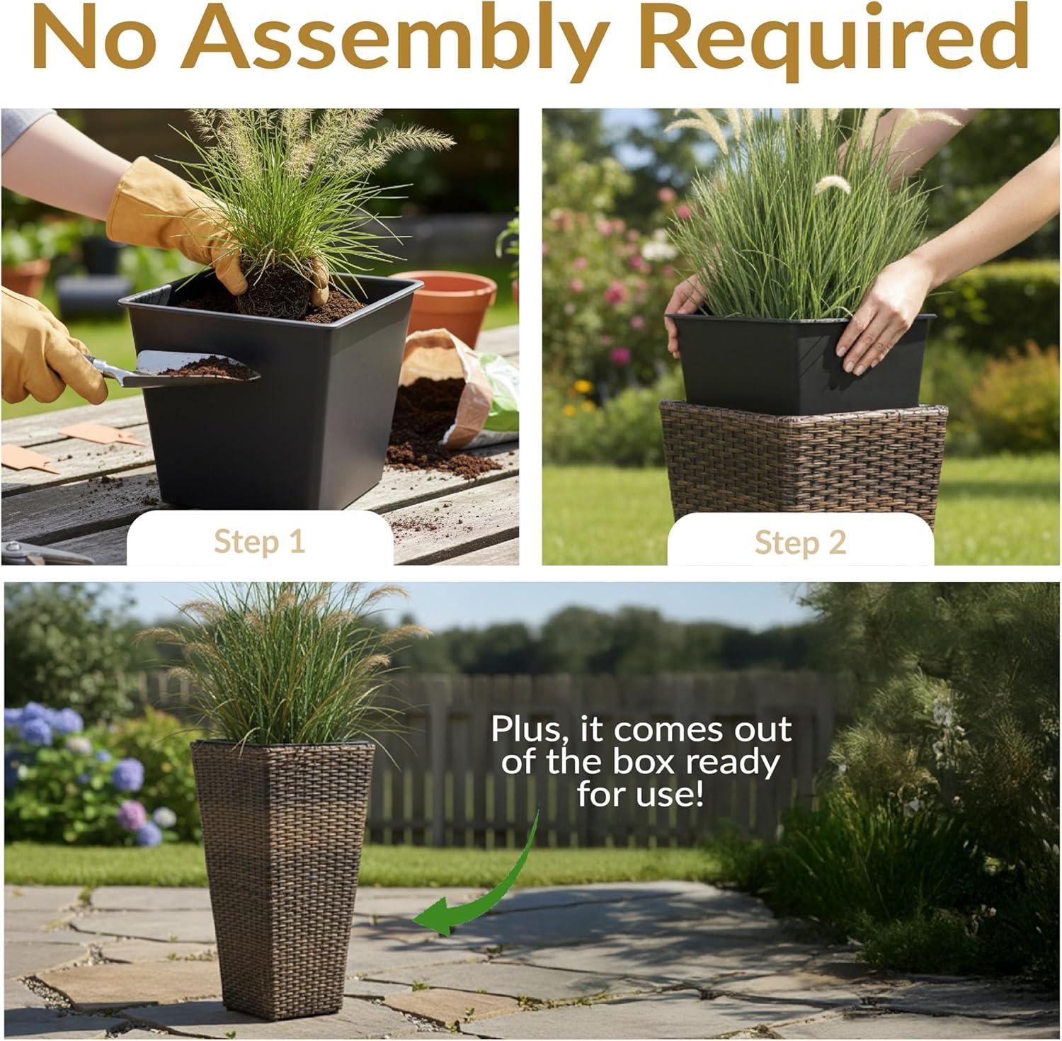image:imageSunnydaze Square Tall Wicker Outdoor Planter Set of 8 Polyrattan Large Outdoor Planters for Porch Patio or Garden 20 Tall Plant Pots BrownBrown