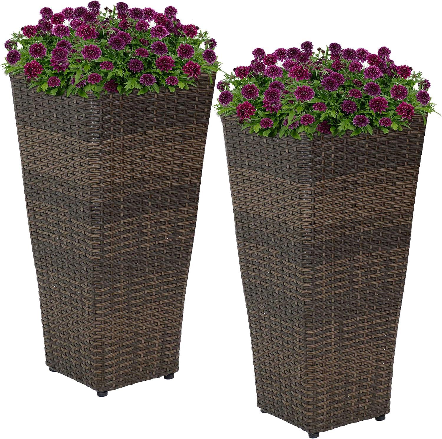 image:imageSunnydaze Square Tall Wicker Outdoor Planter Set of 8 Polyrattan Large Outdoor Planters for Porch Patio or Garden 20 Tall Plant Pots BrownBrown