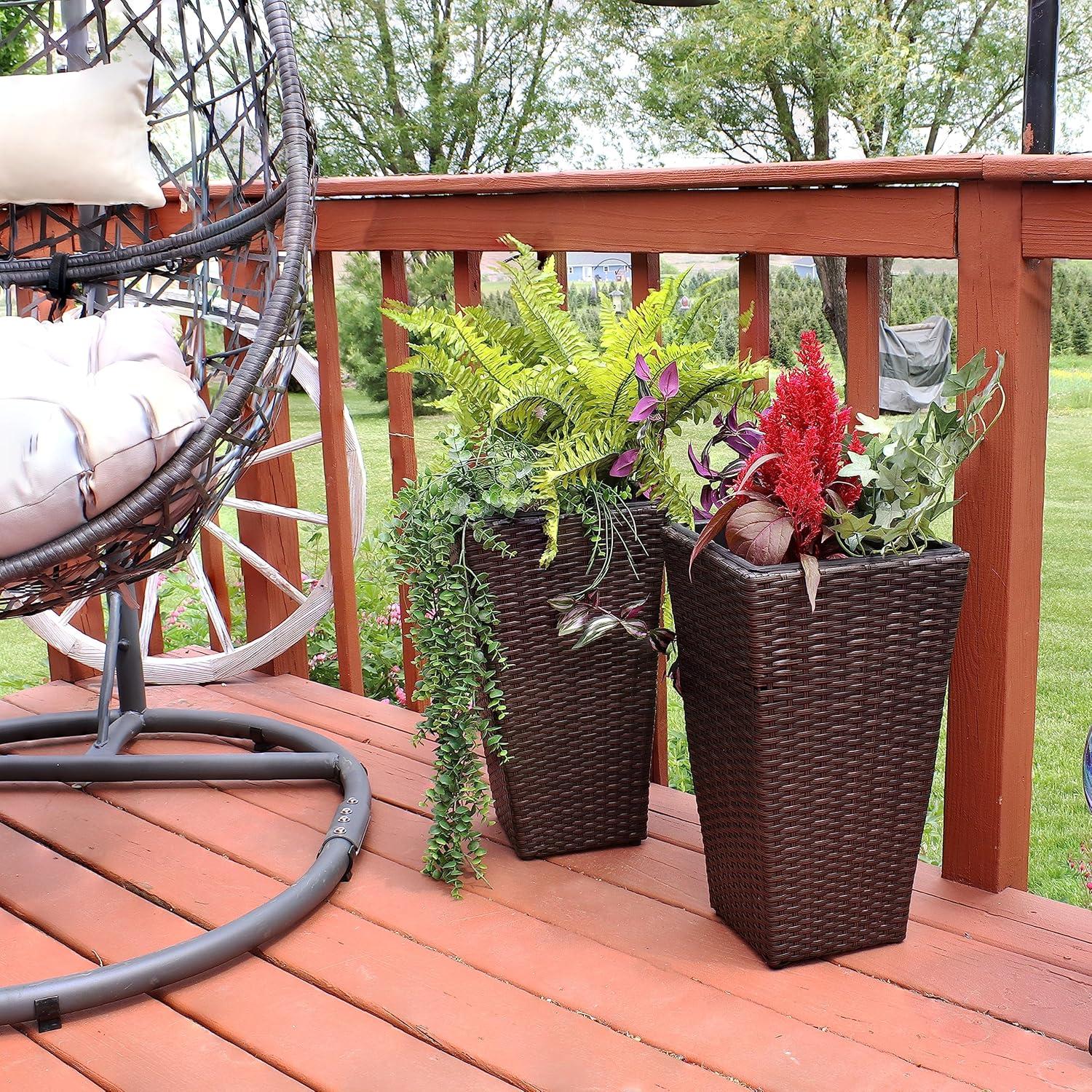 image:imageSunnydaze Square Tall Wicker Outdoor Planter Set of 8 Polyrattan Large Outdoor Planters for Porch Patio or Garden 20 Tall Plant Pots BrownBrown