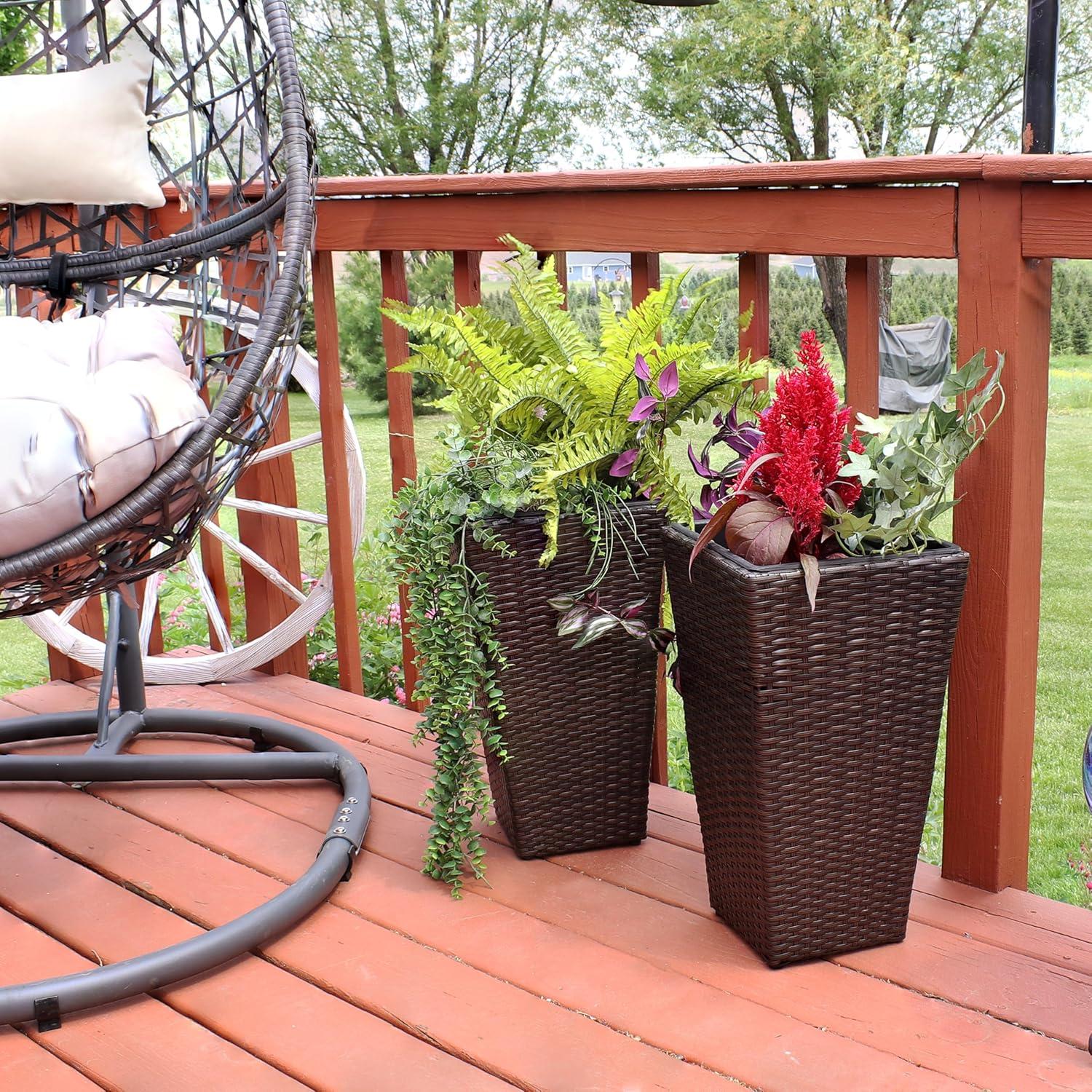 image:imageSunnydaze Square Tall Wicker Outdoor Planter Set of 8 Polyrattan Large Outdoor Planters for Porch Patio or Garden 20 Tall Plant Pots BrownBrown
