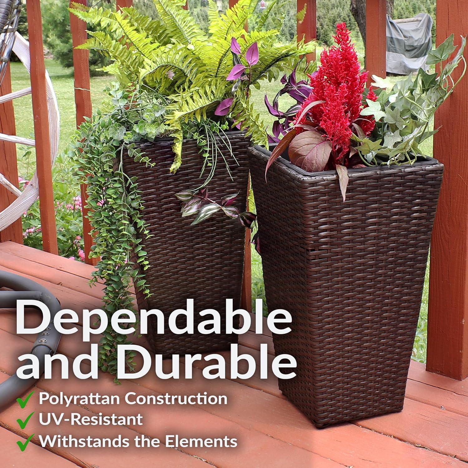 image:imageSunnydaze Square Tall Wicker Outdoor Planter Set of 8 Polyrattan Large Outdoor Planters for Porch Patio or Garden 20 Tall Plant Pots BrownBrown