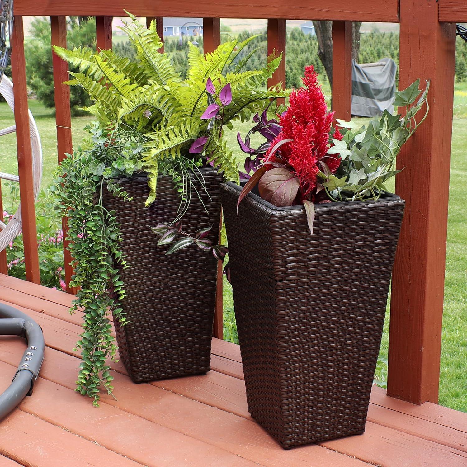image:imageSunnydaze Square Tall Wicker Outdoor Planter Set of 8 Polyrattan Large Outdoor Planters for Porch Patio or Garden 20 Tall Plant Pots BrownBrown