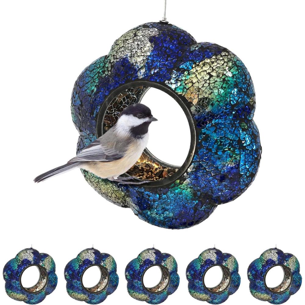 image:imageSunnydaze 10Inch Glass Mosaic Hanging Bird Feeder for Outdoors FlyThrough Glass Bird Feeder for Cardinals Jays Finches and More Indigo Flower Mosaic Set of 6