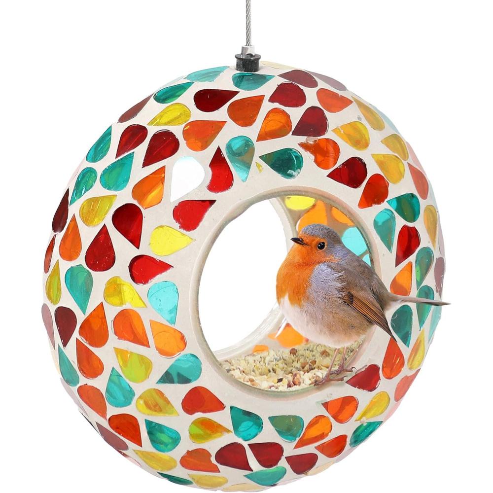 image:imageSunnydaze 10Inch Glass Mosaic Hanging Bird Feeder for Outdoors FlyThrough Glass Bird Feeder for Cardinals Jays Finches and More Pearl Pink FlowerConfetti Mosaic