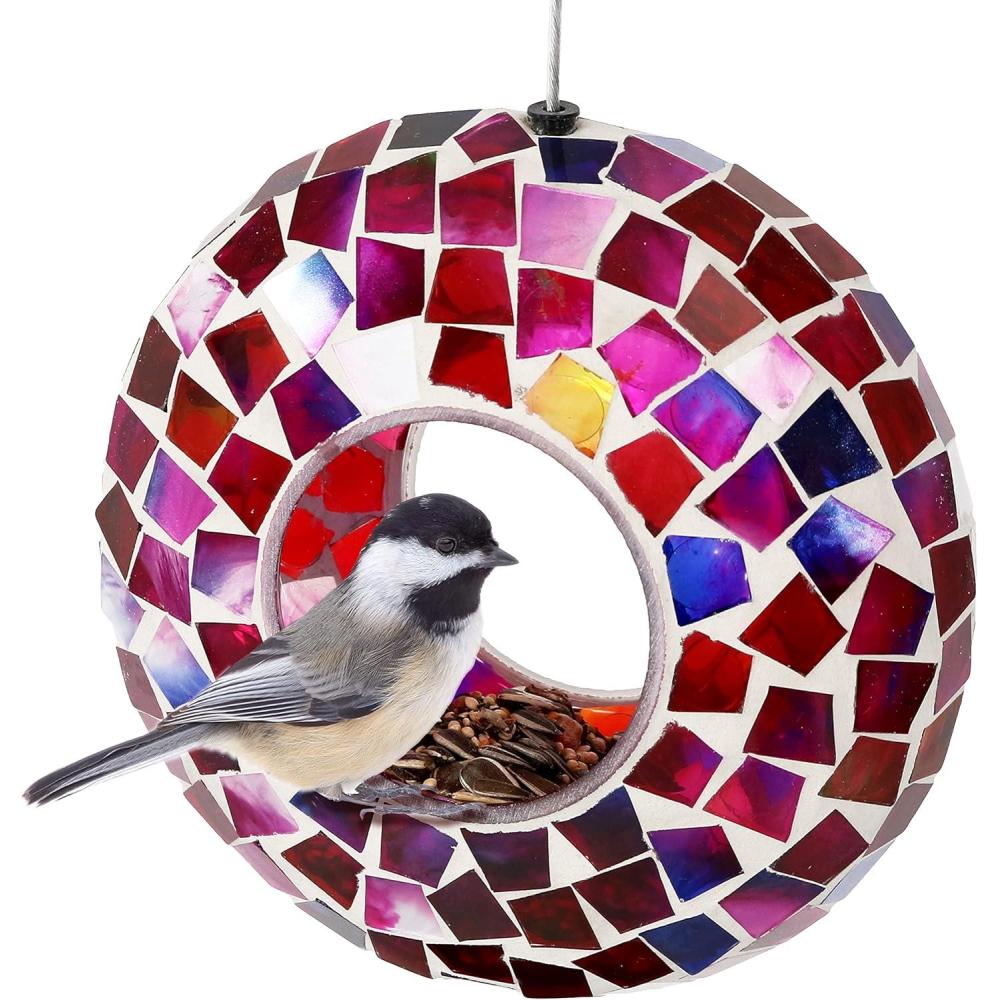 image:imageSunnydaze 10Inch Glass Mosaic Hanging Bird Feeder for Outdoors FlyThrough Glass Bird Feeder for Cardinals Jays Finches and More Pearl Pink FlowerCrimson Mosaic