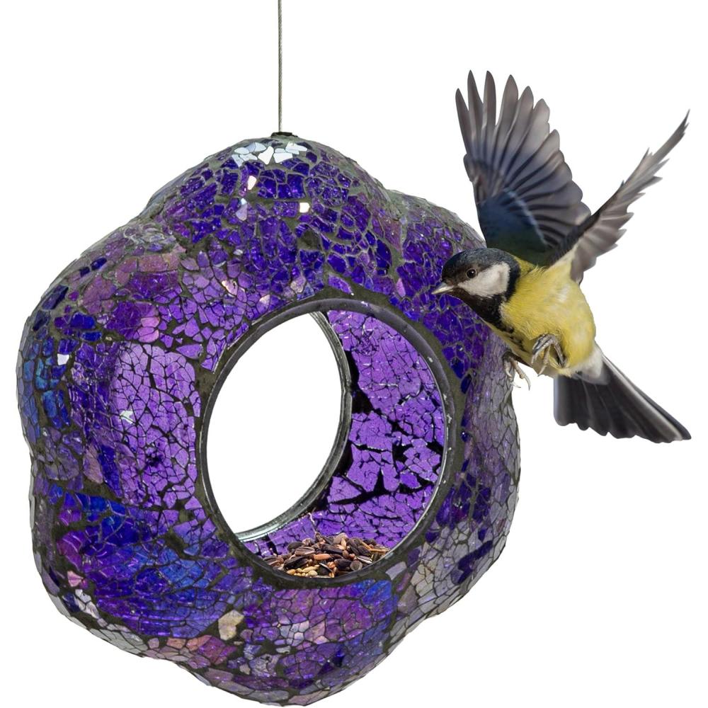 image:imageSunnydaze 10Inch Glass Mosaic Hanging Bird Feeder for Outdoors FlyThrough Glass Bird Feeder for Cardinals Jays Finches and More Pearl Pink FlowerIridescent Purple Flower