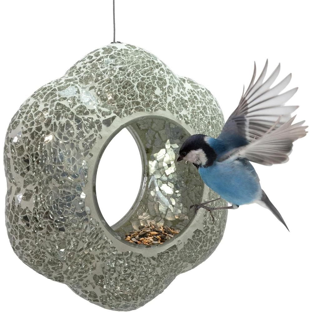 image:imageSunnydaze 10Inch Glass Mosaic Hanging Bird Feeder for Outdoors FlyThrough Glass Bird Feeder for Cardinals Jays Finches and More Pearl Pink FlowerMirrored Diamond Flower