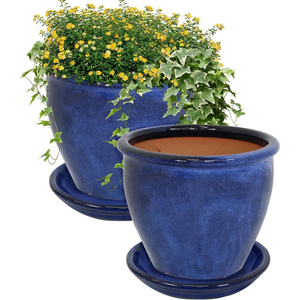 image:imageSunnydaze 12 Round Ceramic Planter Set with Saucers Set of 2 UV and FrostResistant Imperial BlueImperial Blue