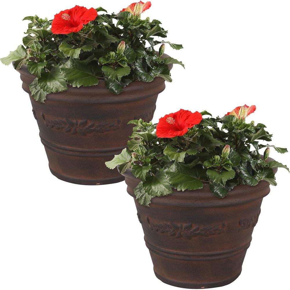 image:imageSunnydaze 13Inch Laurel Large Plant Pot  Polyresin Round Outdoor Planter with Drillable Drainage Holes  2 Pack  Rust2