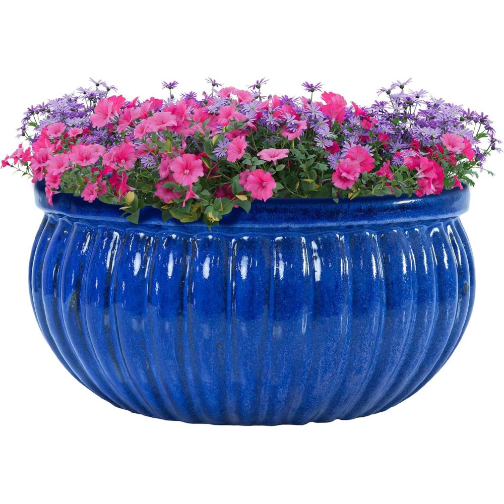 image:imageSunnydaze 145 Round Ribbed Ceramic Planter Bowl Indoor or Outdoor Plant Pot with Drainage Hole Imperial Blue Glazed Finish