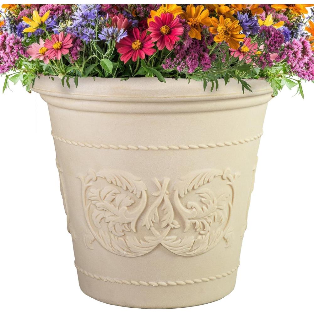 image:imageSunnydaze 195Inch Arabella Large Plastic Pot for Plants  Outdoor DoubleWalled Polyresin Large Plastic Planter with Drillable Drainage Holes  Antique White  4PackAntique White