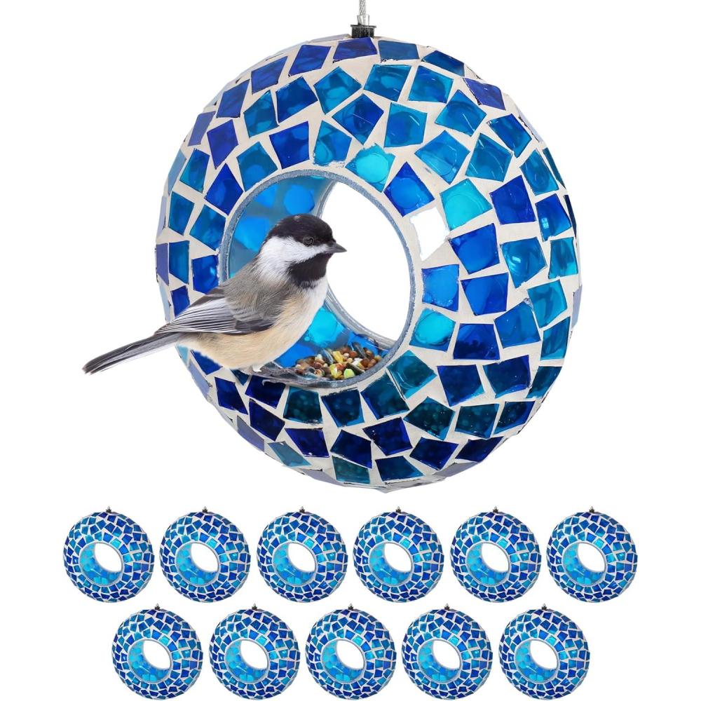 image:imageSunnydaze 6Inch Glass Mosaic Hanging Bird Feeder for Outdoors  FlyThrough Glass Bird Feeder for Cardinals Jays Finches and More  Confetti Mosaic  Set of 12Blue Mosaic