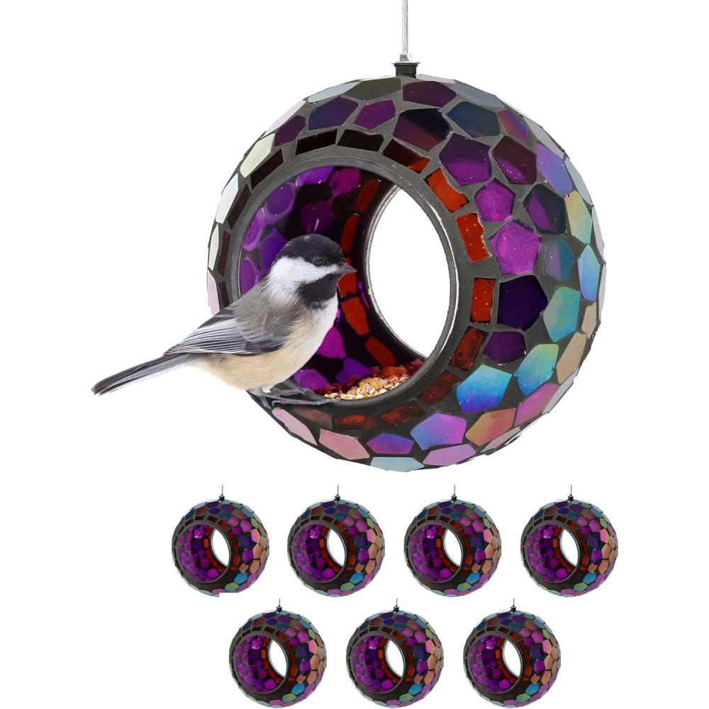 image:imageSunnydaze 6Inch Glass Mosaic Hanging Bird Feeder for Outdoors  FlyThrough Glass Bird Feeder for Cardinals Jays Finches and More  Set of 8Iridescent Purple Mosaic