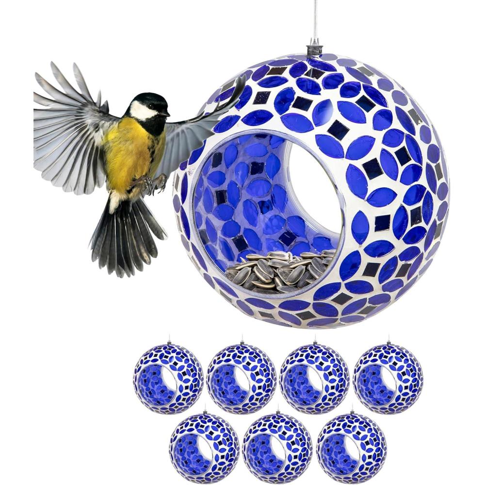image:imageSunnydaze 6Inch Glass Mosaic Hanging Bird Feeder for Outdoors FlyThrough Glass Bird Feeder for Cardinals Jays Finches and More Set of 8Lavender Mosaic