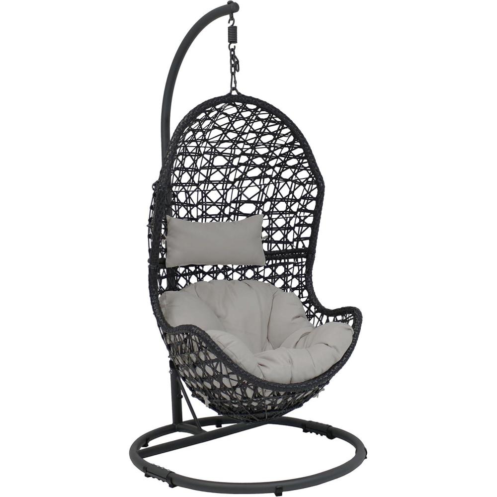 image:imageSunnydaze Cordelia Hanging Egg Chair with Steel Stand Set Resin Wicker Large Basket Design Outdoor Use Includes Cushion
