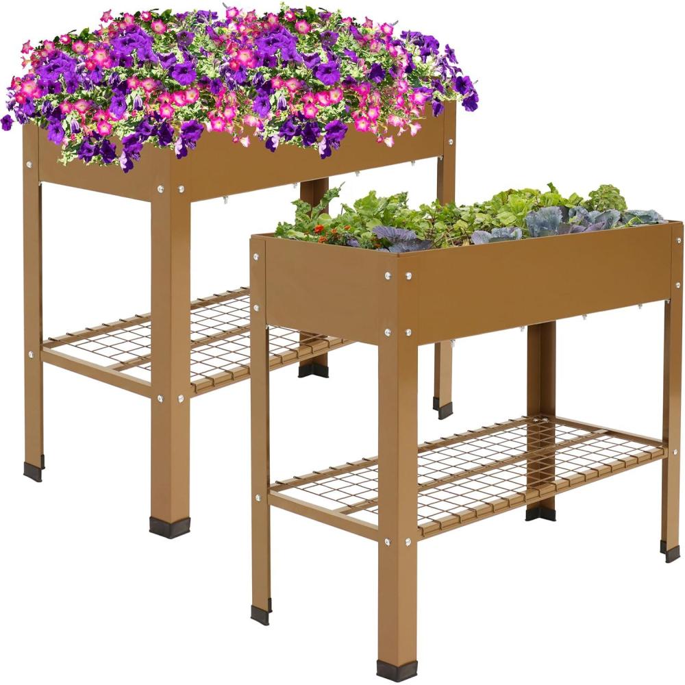 image:imageSunnydaze Galvanized Steel Raised Garden Bed  Set of 2 Elevated Planter Boxes  Individual or Connected Use  Features Lower Storage Shelf  BrownBrown