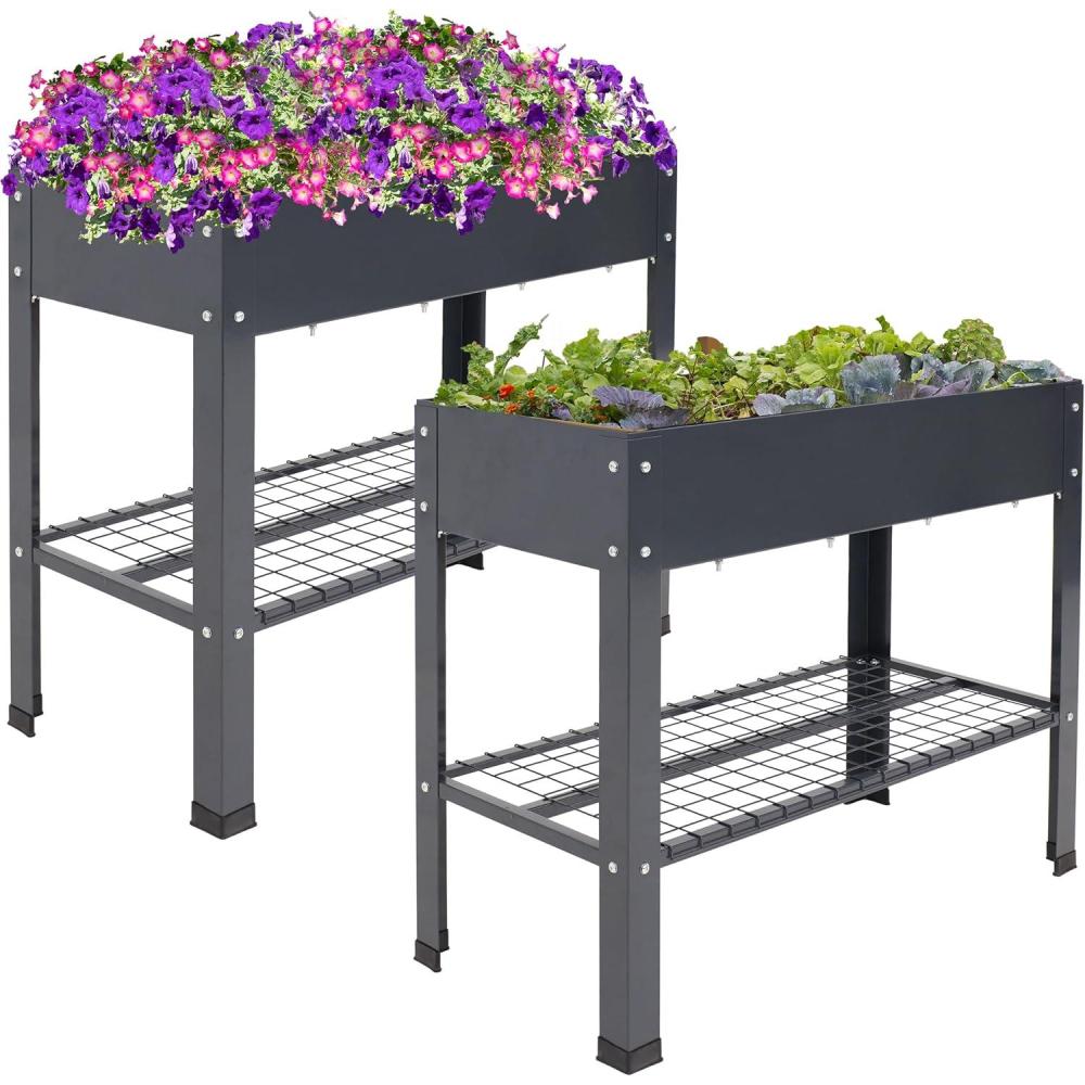 image:imageSunnydaze Galvanized Steel Raised Garden Bed  Set of 2 Elevated Planter Boxes  Individual or Connected Use  Features Lower Storage Shelf  BrownDark Gray