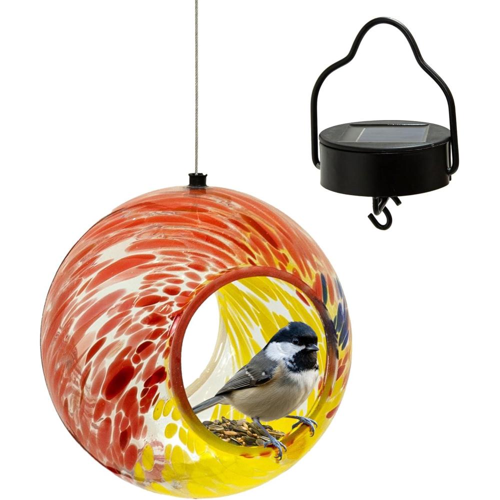 image:imageSunnydaze Hanging Solar FlyThrough Glass Bird Feeder  6 Outdoor Bird Feeder with Solar Light  Bright Summer BurstRainbow Swirl