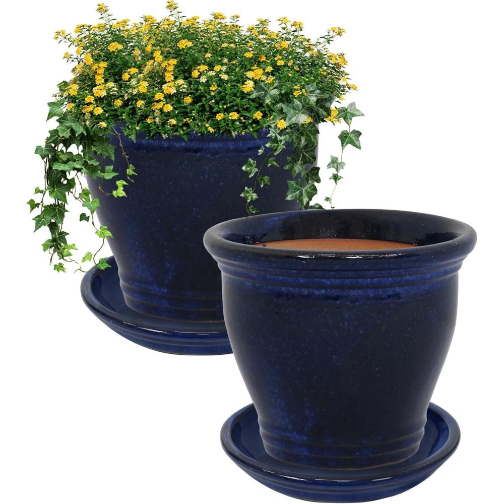 image:imageSunnydaze Round Ceramic Planter Set with Saucers  Set of 2  UV and FrostResistant  Imperial Blue  11 Studio Planter