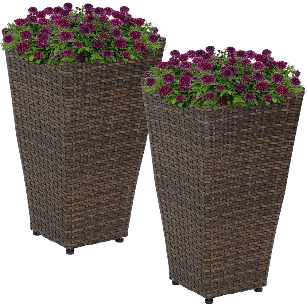 image:imageSunnydaze Square Tall Wicker Outdoor Planter Set of 8 Polyrattan Large Outdoor Planters for Porch Patio or Garden 20 Tall Plant Pots BrownBrown