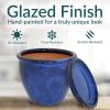 Sunnydaze 12″ Round Ceramic Planter Set with Saucers – Set of 2 – UV- and Frost-Resistant – Imperial Blue(Imperial Blue)