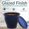 Sunnydaze Round Ceramic Planter Set with Saucers – Set of 2 – UV- and Frost-Resistant – Imperial Blue – 11” Studio Planter