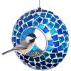 Sunnydaze 10-Inch Glass Mosaic Hanging Bird Feeder for Outdoors – Fly-Through Glass Bird Feeder for Cardinals, Jays, Finches and More – Pearl Pink Flower(Blue Mosaic)