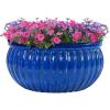 Sunnydaze 14.5″ Round Ribbed Ceramic Planter Bowl – Indoor or Outdoor Plant Pot with Drainage Hole – Imperial Blue Glazed Finish