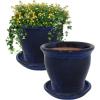 Sunnydaze Round Ceramic Planter Set with Saucers – Set of 2 – UV- and Frost-Resistant – Imperial Blue – 11” Studio Planter