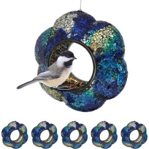 Sunnydaze 10-Inch Glass Mosaic Hanging Bird Feeder for Outdoors – Fly-Through Glass Bird Feeder for Cardinals, Jays, Finches and More – Indigo Flower Mosaic – Set of 6