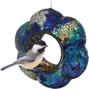 Sunnydaze 10-Inch Glass Mosaic Hanging Bird Feeder for Outdoors – Fly-Through Glass Bird Feeder for Cardinals, Jays, Finches and More – Pearl Pink Flower(Indigo Flower Mosaic)
