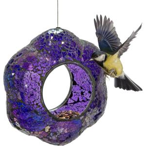 Sunnydaze 10-Inch Glass Mosaic Hanging Bird Feeder for Outdoors – Fly-Through Glass Bird Feeder for Cardinals, Jays, Finches and More – Pearl Pink Flower(Iridescent Purple Flower)