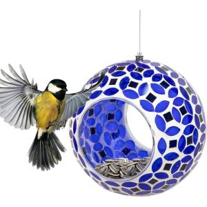 Sunnydaze 10-Inch Glass Mosaic Hanging Bird Feeder for Outdoors – Fly-Through Glass Bird Feeder for Cardinals, Jays, Finches and More – Pearl Pink Flower(Lavender Mosaic)
