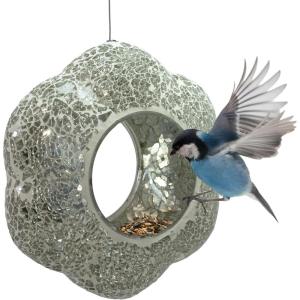 Sunnydaze 10-Inch Glass Mosaic Hanging Bird Feeder for Outdoors – Fly-Through Glass Bird Feeder for Cardinals, Jays, Finches and More – Pearl Pink Flower(Mirrored Diamond Flower)