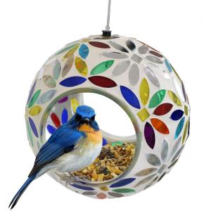 Sunnydaze 10-Inch Glass Mosaic Hanging Bird Feeder for Outdoors – Fly-Through Glass Bird Feeder for Cardinals, Jays, Finches and More – Pearl Pink Flower(Rainbow Daisies Mosaic)