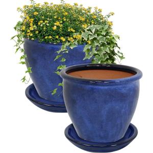 Sunnydaze 12″ Round Ceramic Planter Set with Saucers – Set of 2 – UV- and Frost-Resistant – Imperial Blue(Imperial Blue)