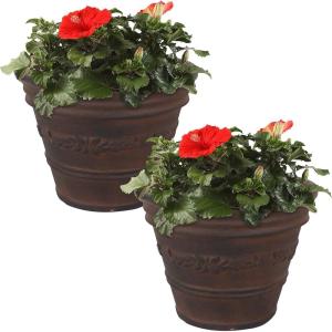 Sunnydaze 13-Inch Laurel Large Plant Pot – Polyresin Round Outdoor Planter with Drillable Drainage Holes – 2 Pack – Rust(2)