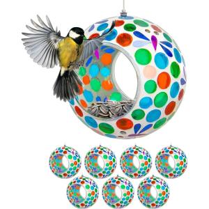 Sunnydaze 6-Inch Glass Mosaic Hanging Bird Feeder for Outdoors – Fly-Through Glass Bird Feeder for Cardinals, Jays, Finches and More – Set of 8(Dragonfly Dreams)