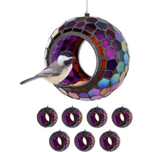 Sunnydaze 6-Inch Glass Mosaic Hanging Bird Feeder for Outdoors – Fly-Through Glass Bird Feeder for Cardinals, Jays, Finches and More – Set of 8(Iridescent Purple Mosaic)