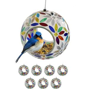 Sunnydaze 6-Inch Glass Mosaic Hanging Bird Feeder for Outdoors – Fly-Through Glass Bird Feeder for Cardinals, Jays, Finches and More – Set of 8(Rainbow Daisies Mosaic)