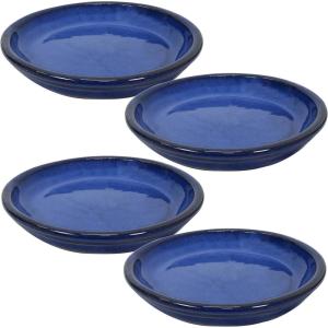 Sunnydaze 9-Inch Ceramic Plant Saucers – Plant Drip Trays for Outdoor Planter Flowerpot Drainage – Set of 4 – Gray(Imperial Blue)