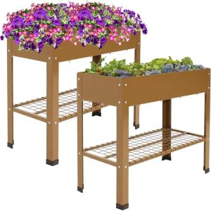 Sunnydaze Galvanized Steel Raised Garden Bed – Set of 2 Elevated Planter Boxes – Individual or Connected Use – Features Lower Storage Shelf – Brown(Brown)