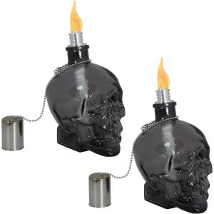 Sunnydaze Grinning Skull Glass Tabletop Torches – Outdoor Patio Lighting – Includes Wicks and Attached Snuffers – Set of 16 Refillable Torches – Clear(Black)