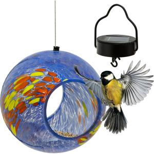 Sunnydaze Hanging Solar Fly-Through Glass Bird Feeder – 6″ Outdoor Bird Feeder with Solar Light – Bright Summer Burst(Fire and Ice)