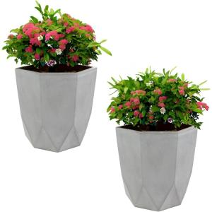 Sunnydaze Modern Faceted 14.75″ Polyresin Geometric Planter – Flower Pot for Indoor or Outdoor Use – Light Gray – Set of 4(2)