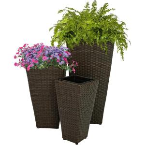 Sunnydaze Square Tall Wicker Outdoor Planter Set of 3 – Polyrattan Large Outdoor Planters for Porch, Patio or Garden – 9″, 11.5″, 14.75″ Tall Plant Pots – Brown(Brown)