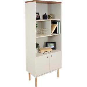 Sunnydaze 5-Shelf Mid-Century Modern Bookshelf with Storage Cabinet – for Living Room, Bedroom, Office, or Dining Room – Latte
