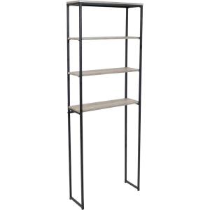 Sunnydaze 69-Inch 4-Tier Over-the-Toilet Shelf – Open Shelves, Veneer Finish and Black Iron Frame – Teak Color(Oak Gray)