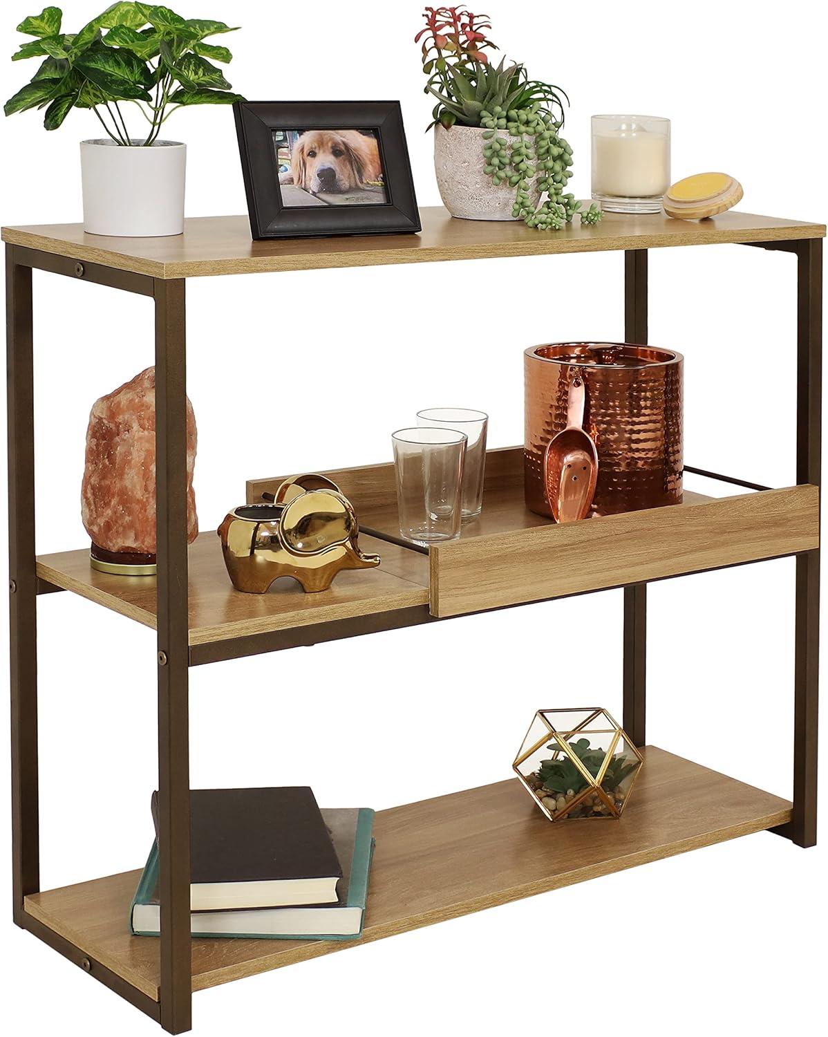 image:imageSunnydaze 2825Inch H 3Tier Sofa Table MDP Shelves and PowderCoated Steel Frame Removable Serving Tray Brown